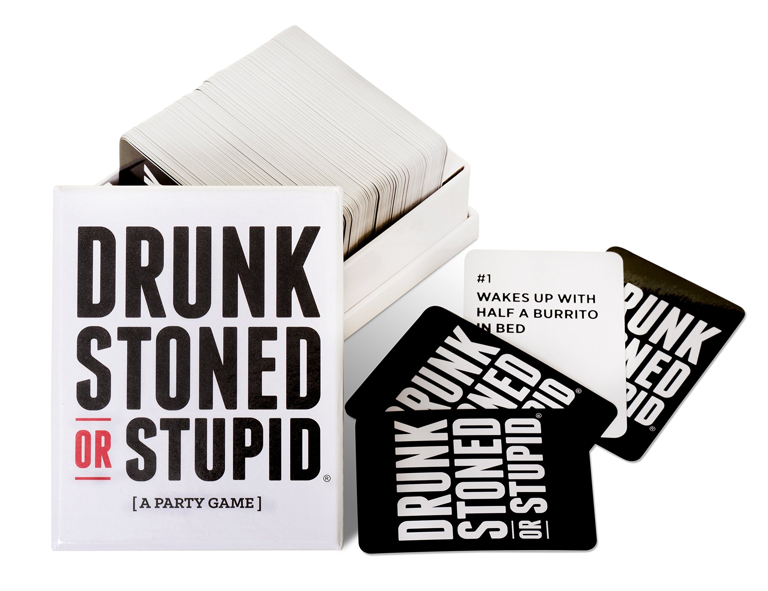 Drunk Stoned or Stupid cards spread, ideal icebreaker prompts for group laughs.