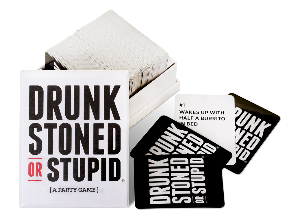 Drunk Stoned or Stupid cards spread, ideal icebreaker prompts for group laughs.