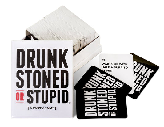 Drunk Stoned or Stupid cards spread, ideal icebreaker prompts for group laughs.