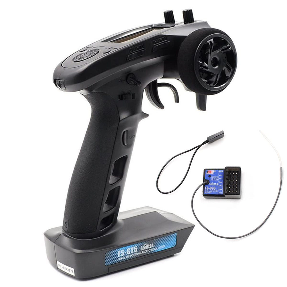DTXMX FS-GT5 remote top view shows comfortable grip for quick throttle response.