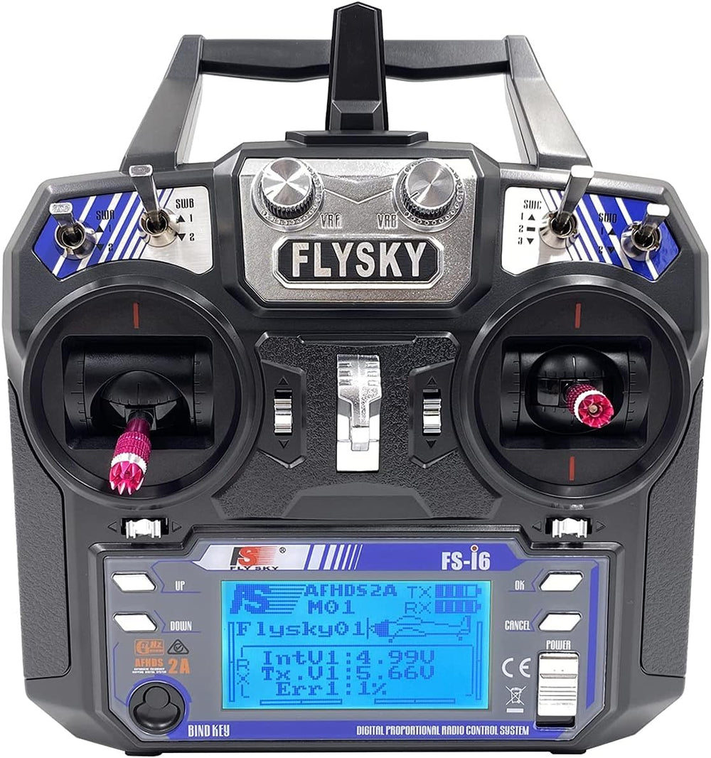 DTXMX Flysky FS-i6 transmitter side controls highlighting ergonomic handling