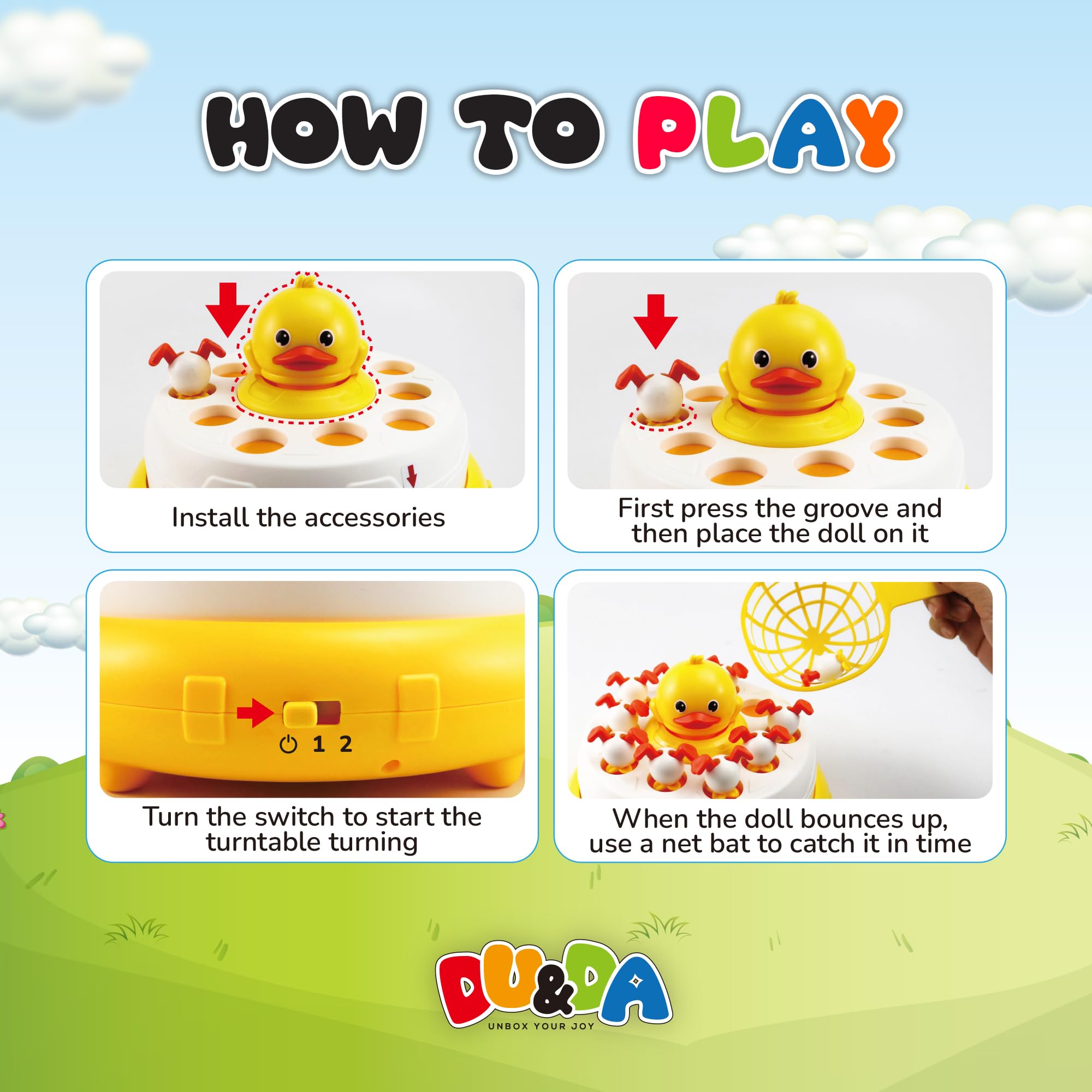 Kids use nets to catch ducks with DU&DA game for social play.