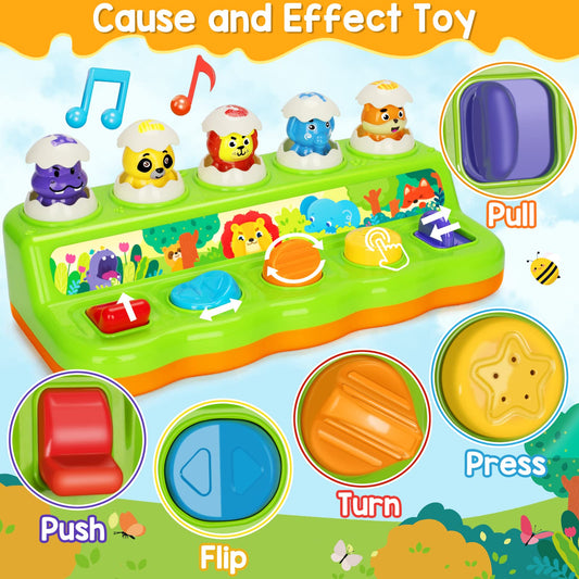 Duchong interactive pop-up toy demonstrates cause-and-effect with music and sounds for engagement.