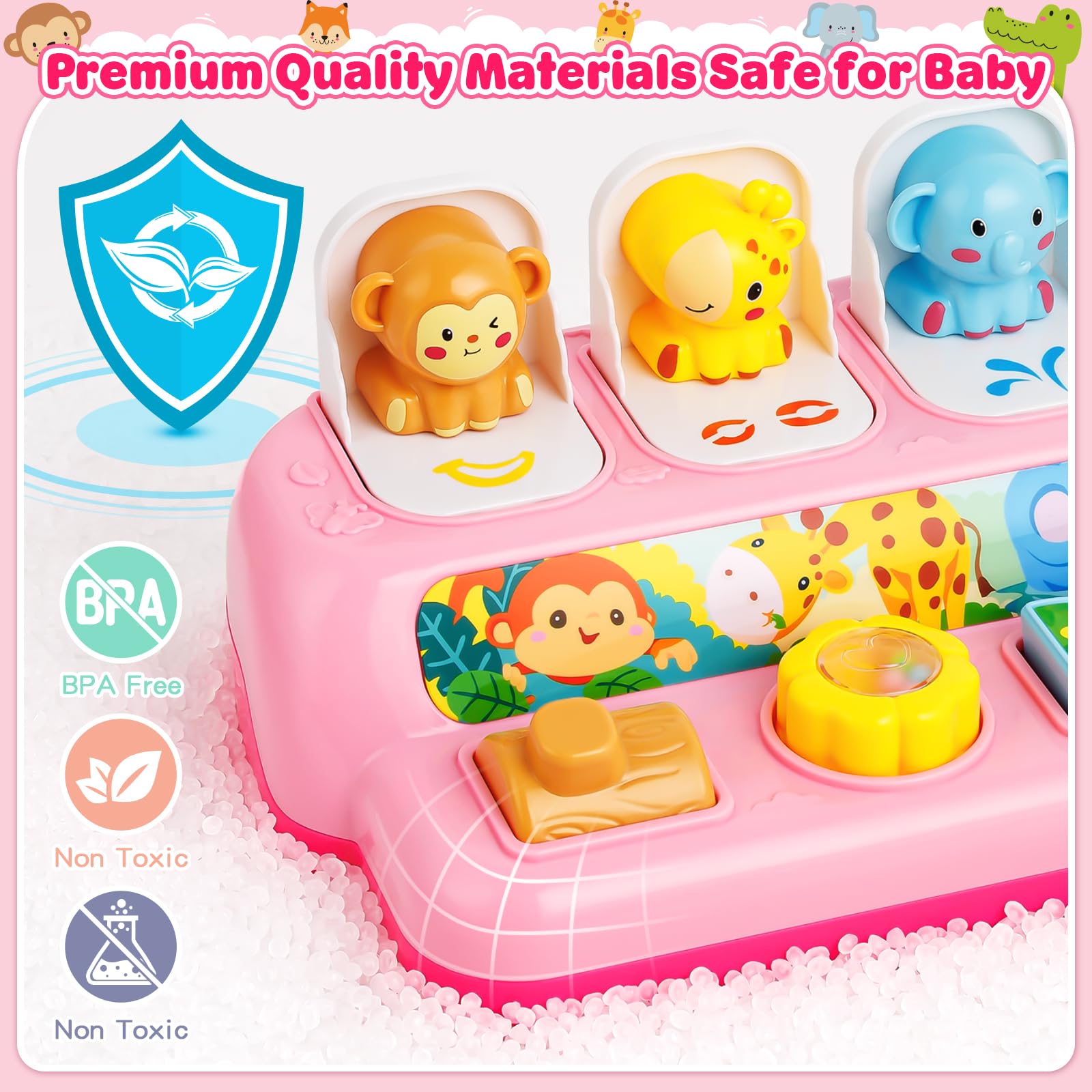 Duchong pop-up toy button activation strengthens grabbing and releasing skills.
