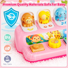 Duchong pop-up toy button activation strengthens grabbing and releasing skills.