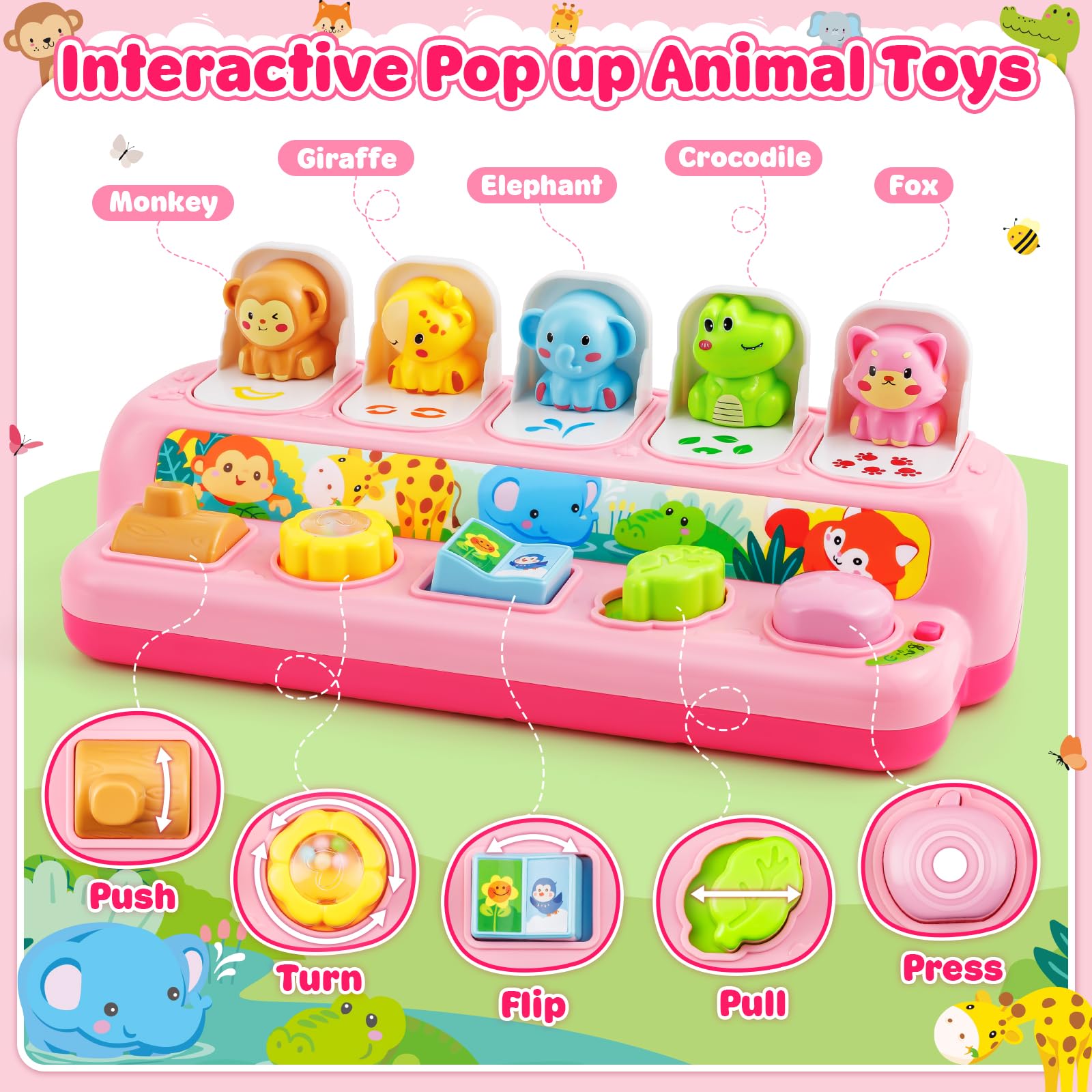Duchong pop-up toy LED light play enhances attention and fine motor exploration.