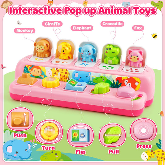 Duchong pop-up toy LED light play enhances attention and fine motor exploration.