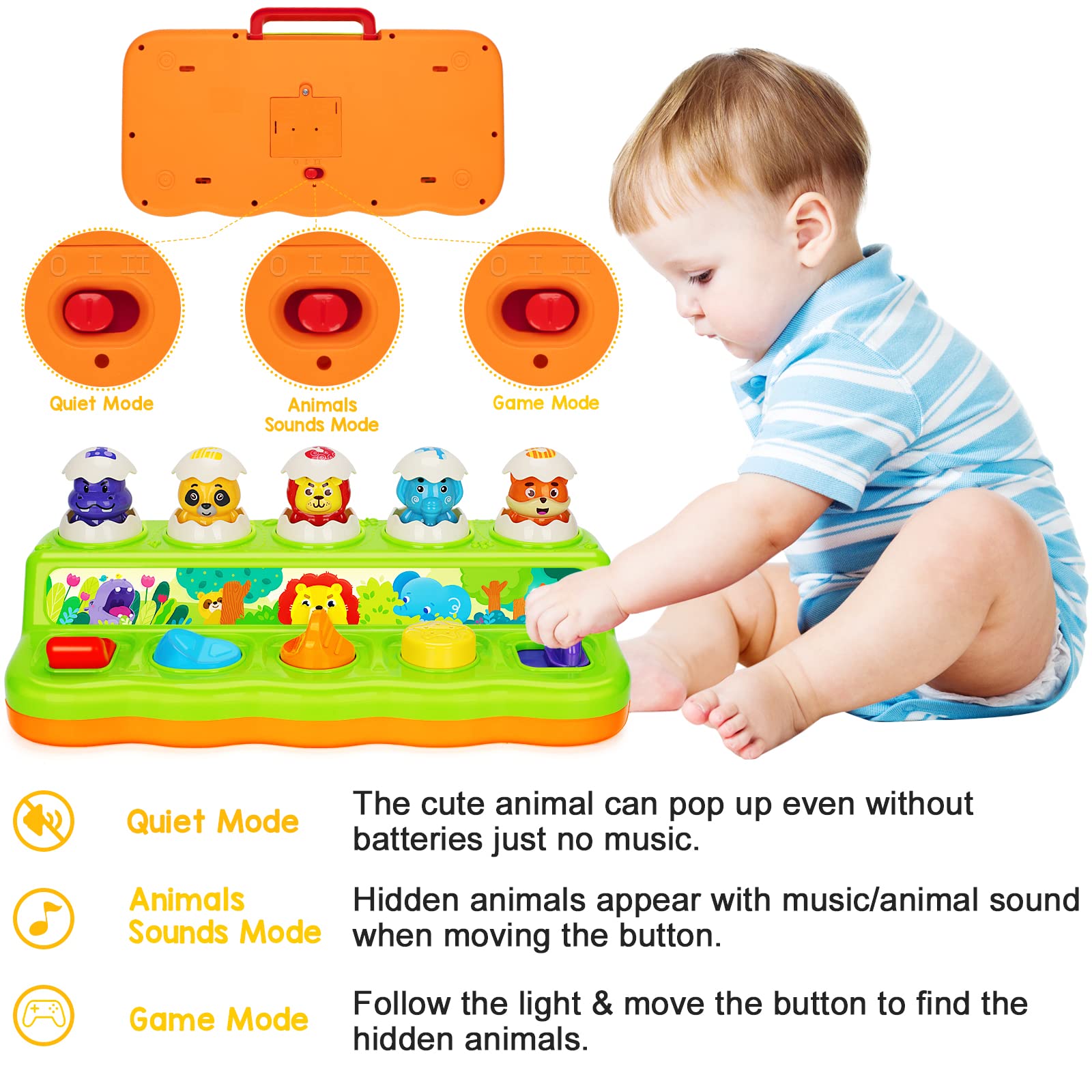 Duchong pop-up toy with light encourages attention and visual tracking during play.