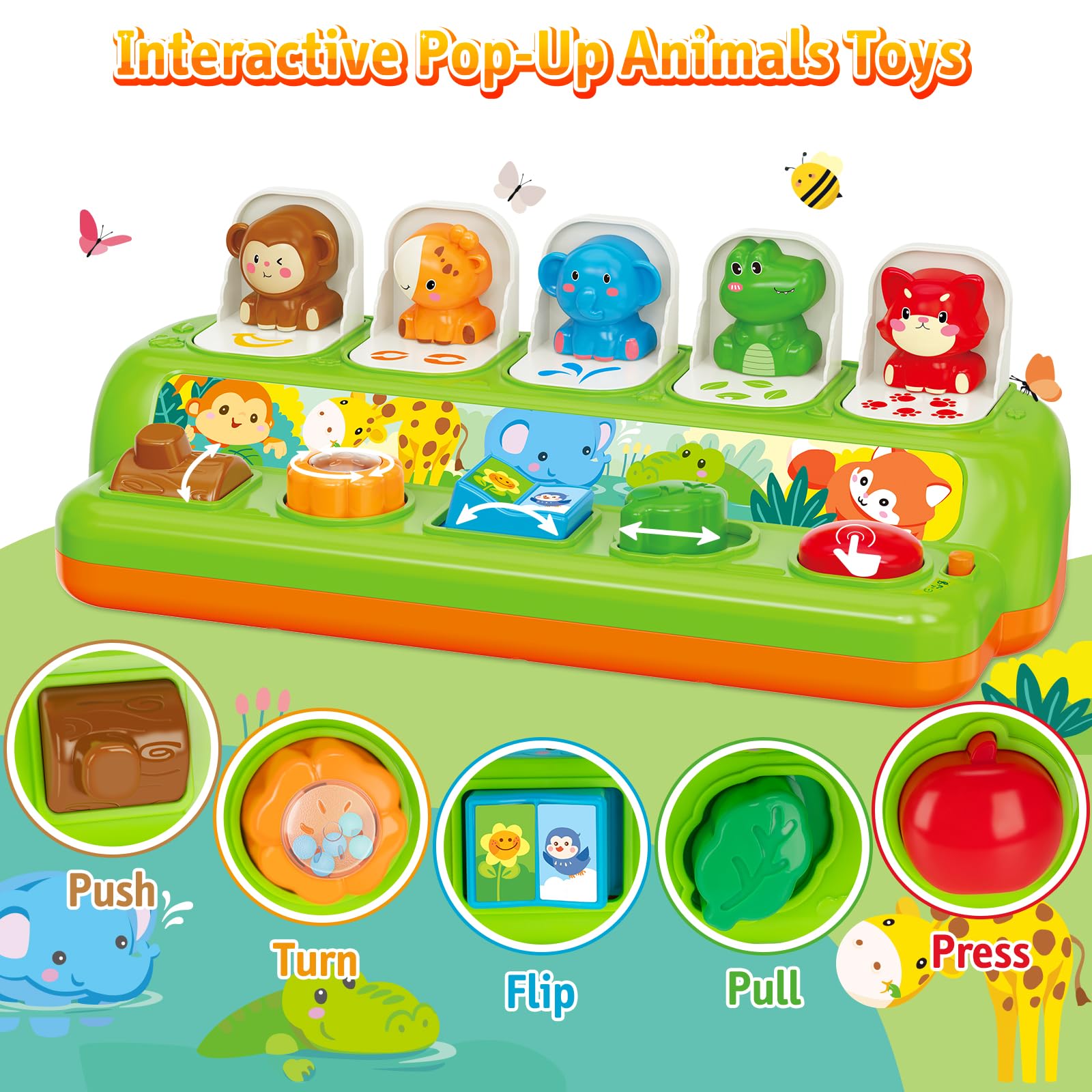 Duchong pop-up toy button activation strengthens grasp through interactive play.