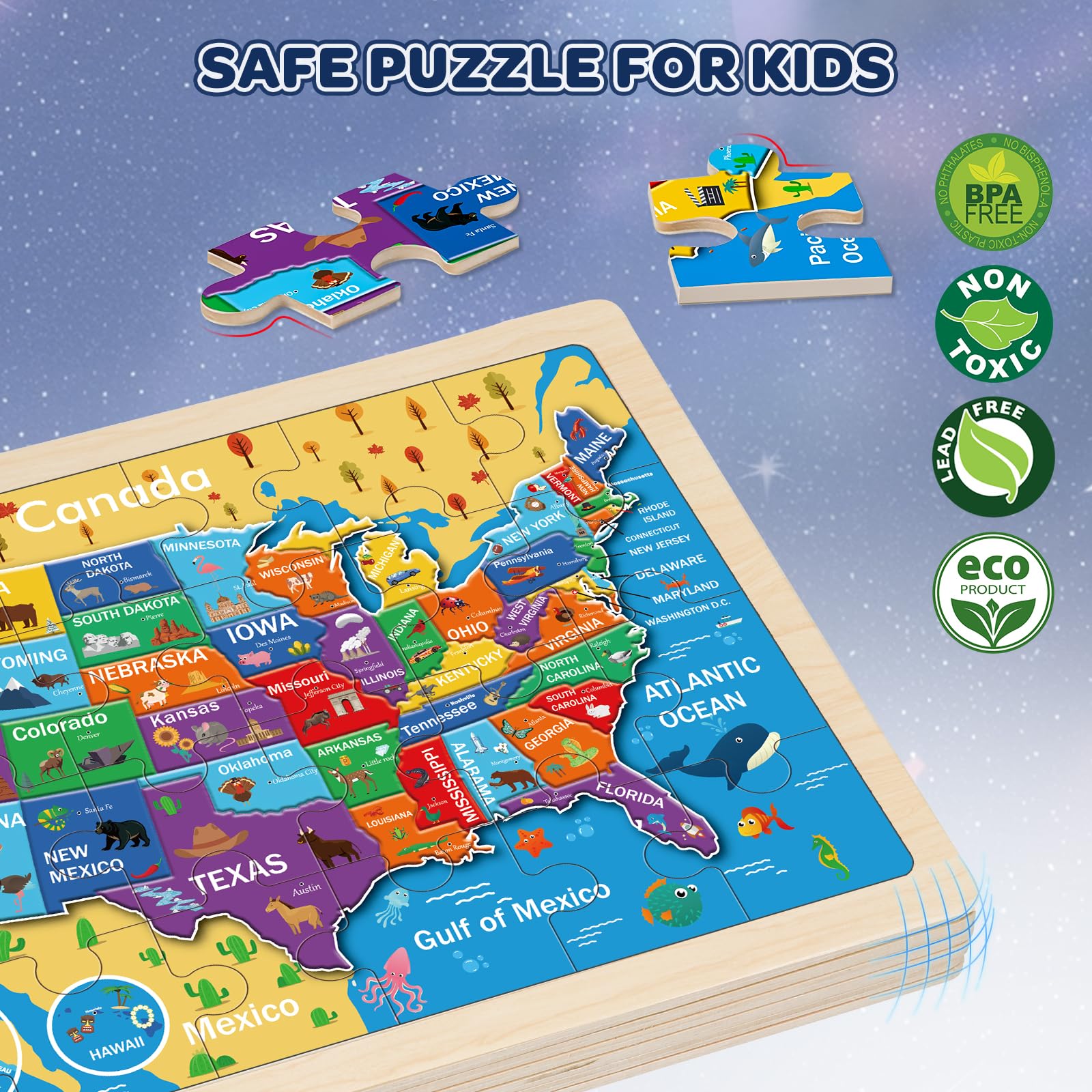 Duchong USA map puzzle helps toddlers recognize states while developing hand-eye coordination.