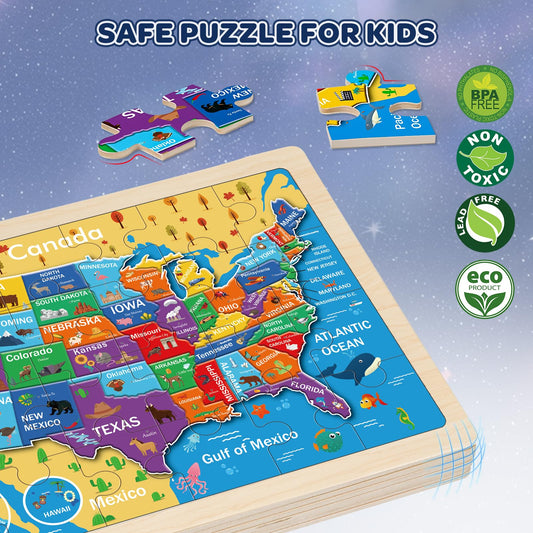 Duchong USA map puzzle helps toddlers recognize states while developing hand-eye coordination.