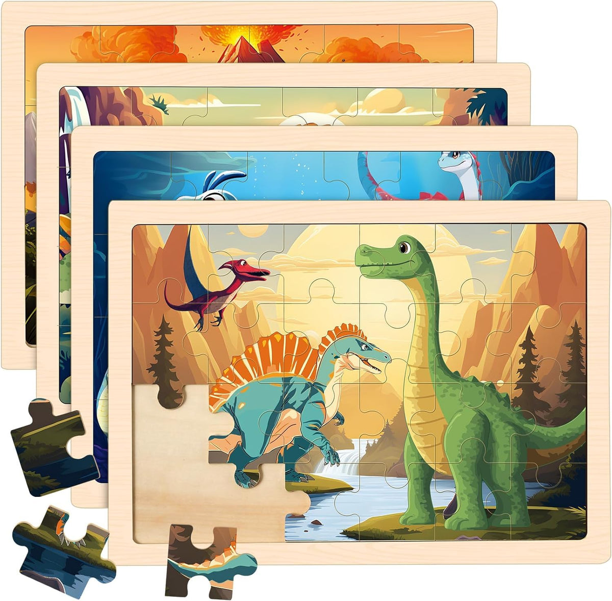 Duchong wooden dinosaur puzzles four packs with kid-friendly designs to engage imagination.