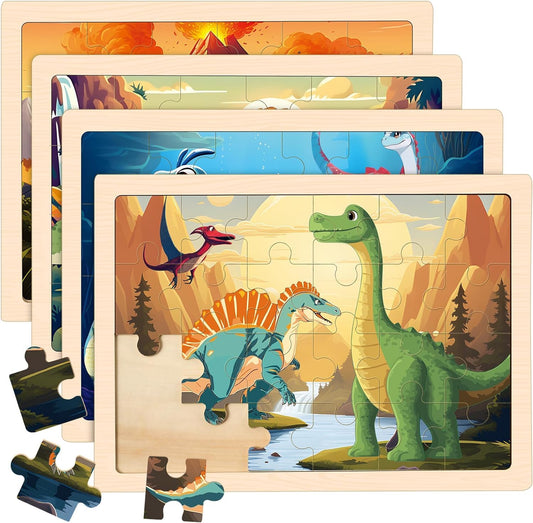 Duchong wooden dinosaur puzzles four packs with kid-friendly designs to engage imagination.
