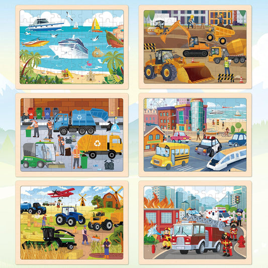Duchong wooden puzzles with garbage trucks promote problem-solving through pattern matching.