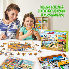 Duchong wooden puzzles include a storage tray and guide for tidy, easy play.