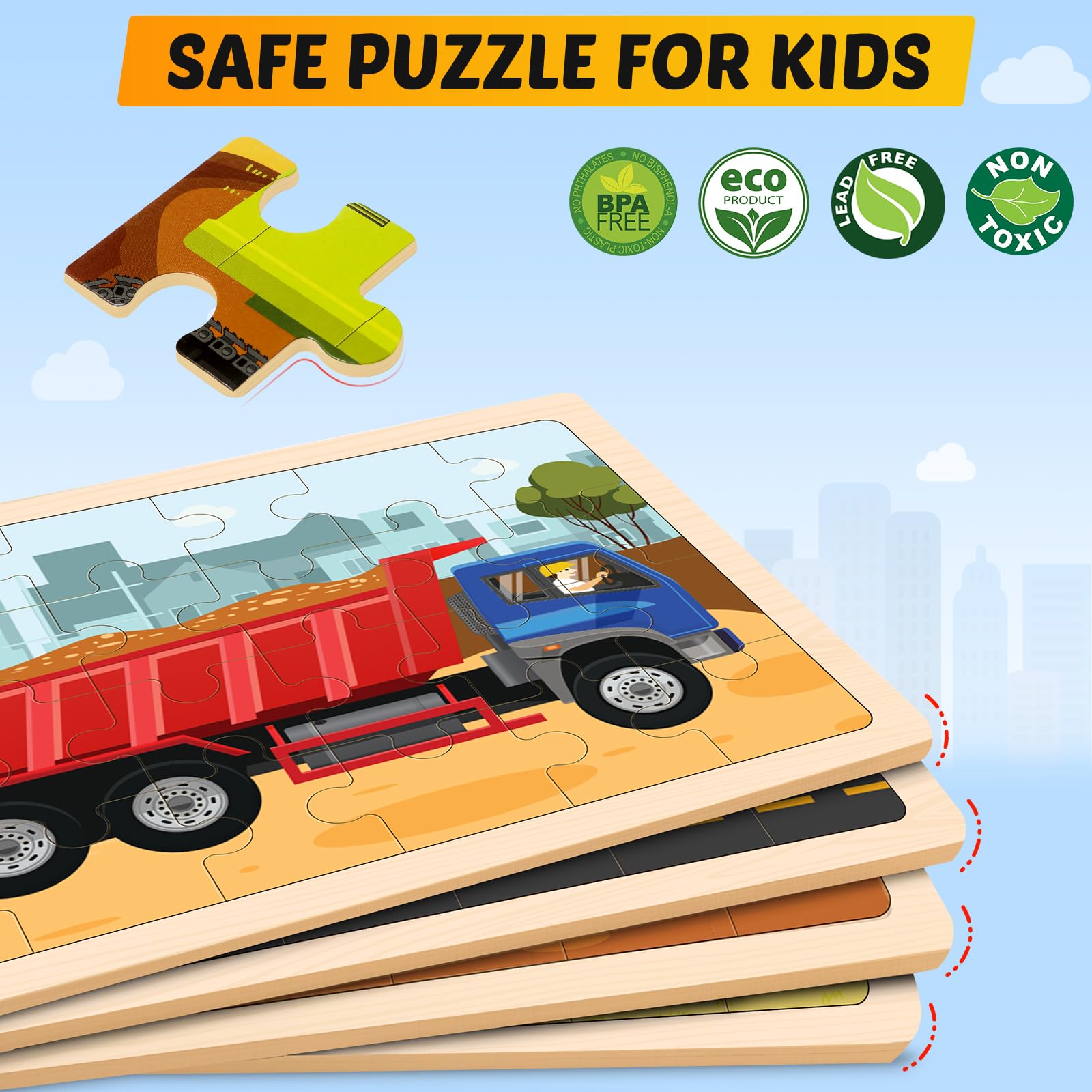 Duchong transport truck puzzle presents clear imagery to improve hand-eye coordination during play.