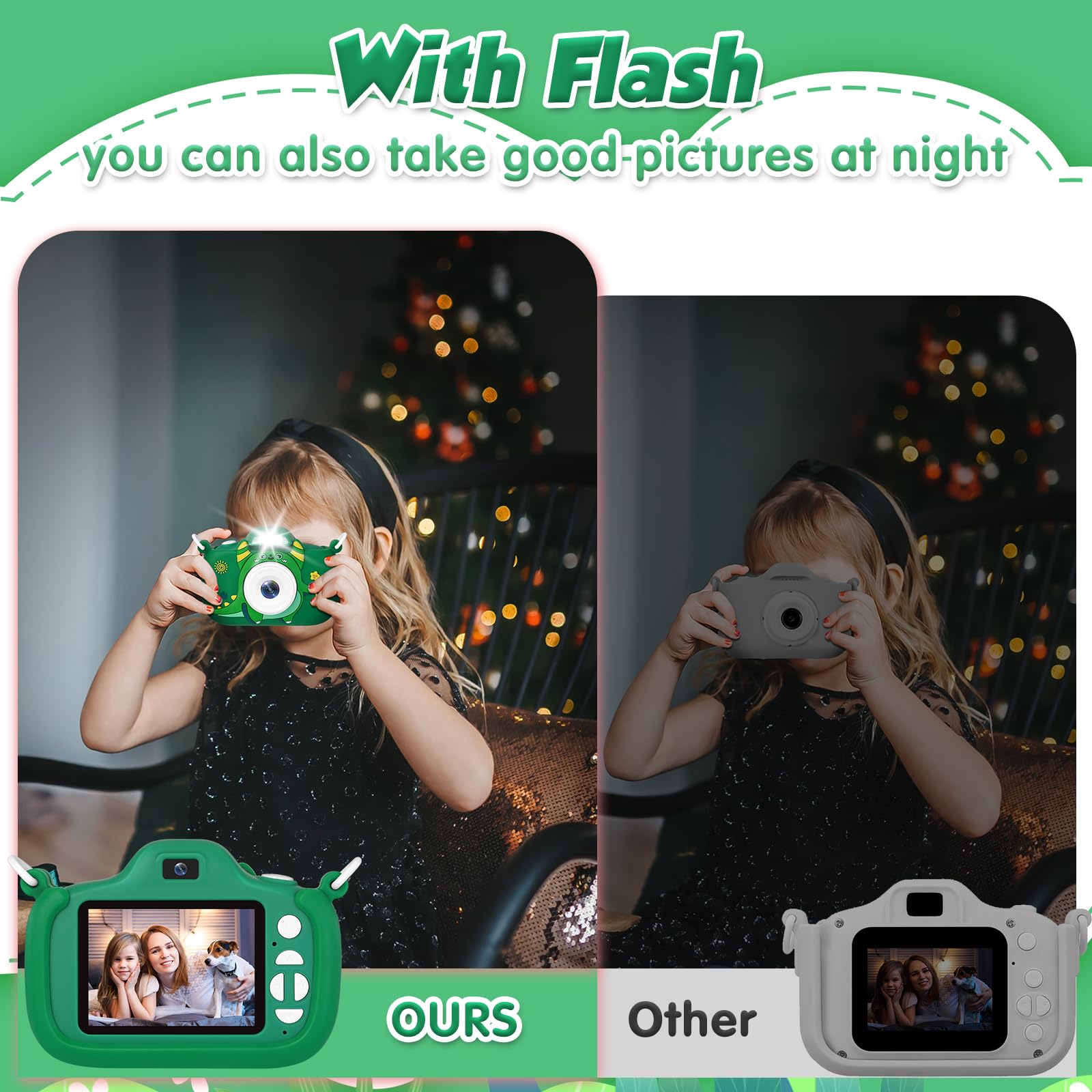 Duckart kids camera built-in flash aids clear images in dim light.