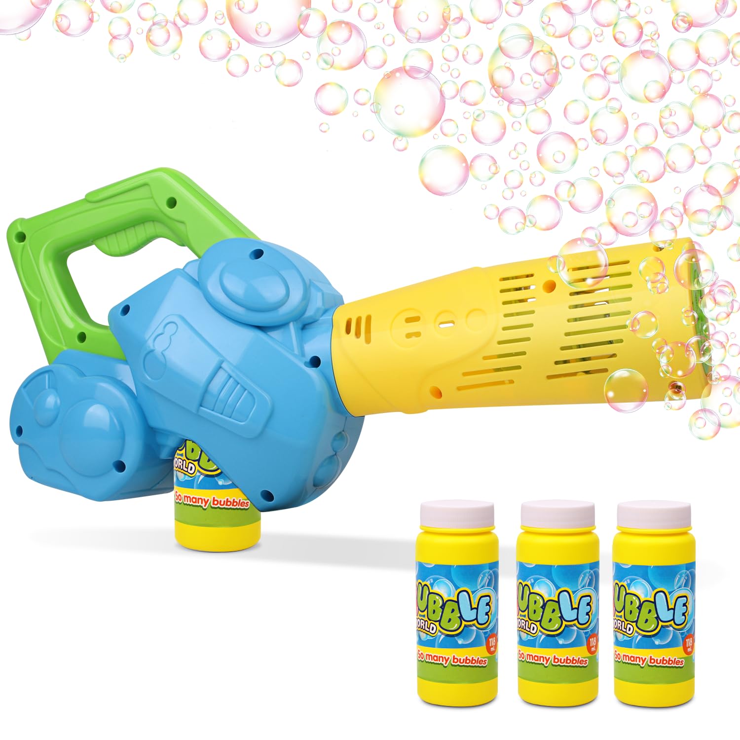 Duckura Bubble Leaf Blower toy in action with colorful bubbles for outdoor play