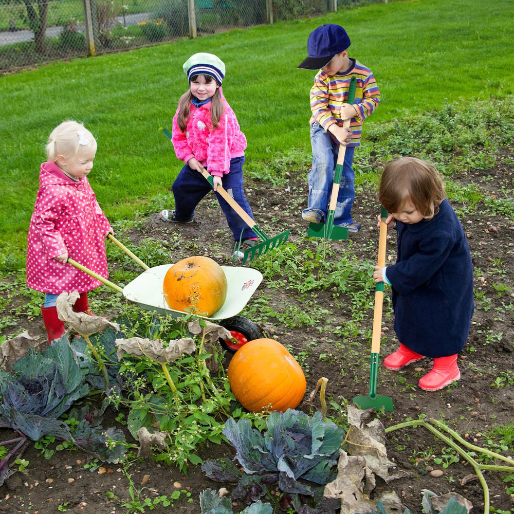 Duckura Kids Garden Tools Set leaf rake clearing debris after gardening