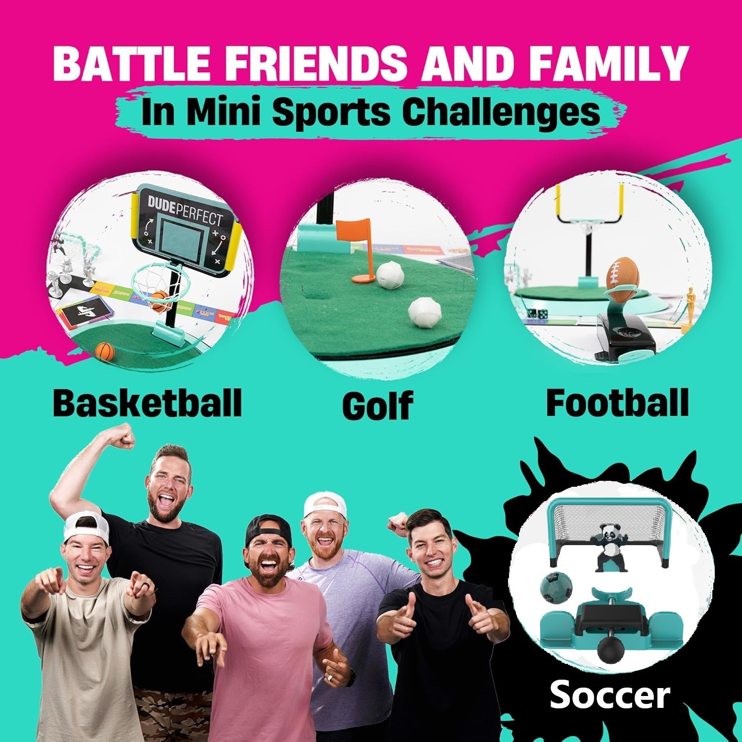Dude Perfect soccer add-on ball launcher demonstrates action-packed goal attempts in play