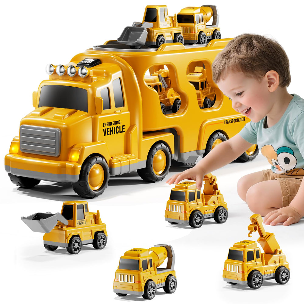 DULONIME construction truck set front view; sturdy 5-in-1 toy for imaginative play.