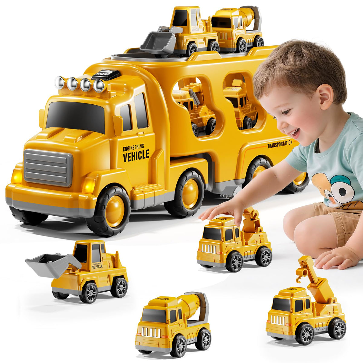 DULONIME construction truck set front view; sturdy 5-in-1 toy for imaginative play.