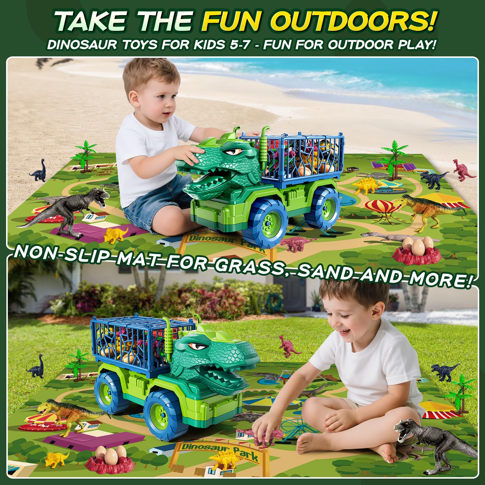DULONIME vivid dinosaur trucks on mat spark dynamic adventures for kids