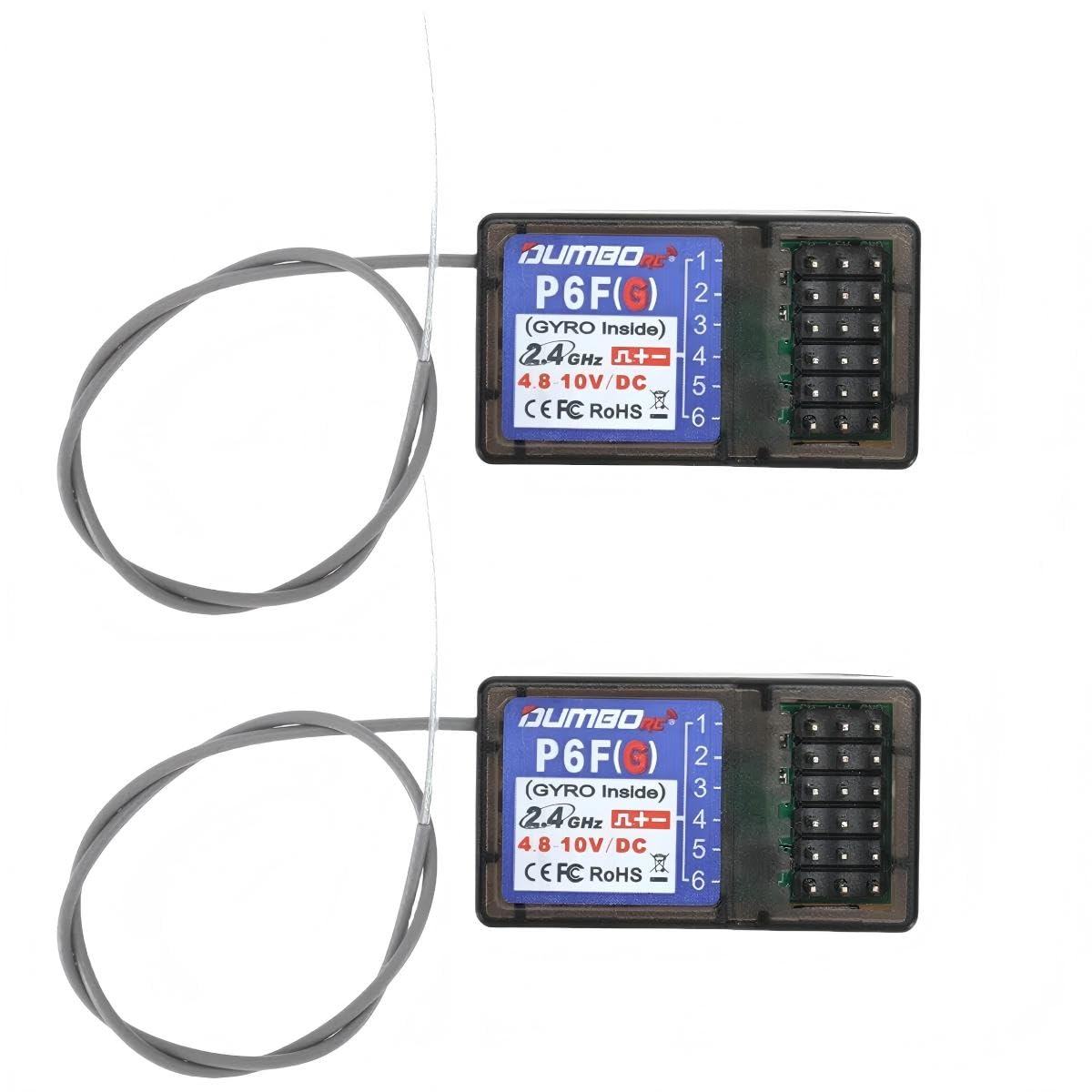 DUMBORC P6FG receiver front view, compact design for easy RC installation.