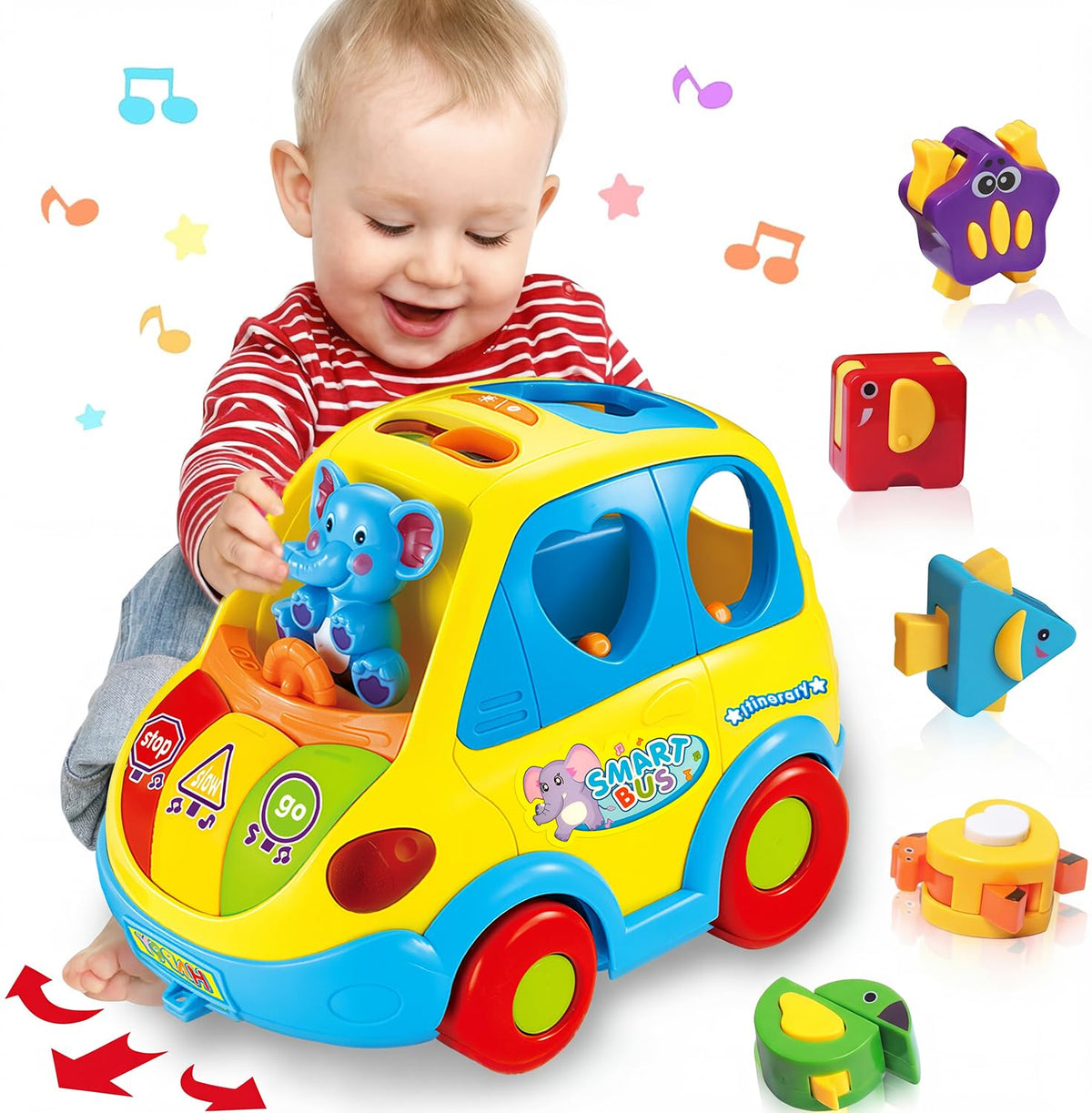 DUMMA baby bus toy with music and lights stimulating crawling and color recognition.