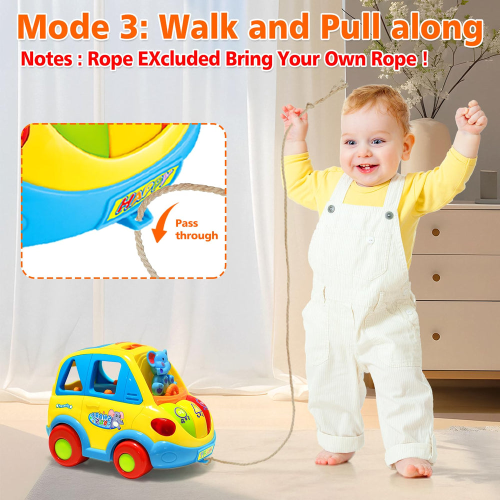 DUMMA bus emits start sound and turns on obstacle contact for playful chase.