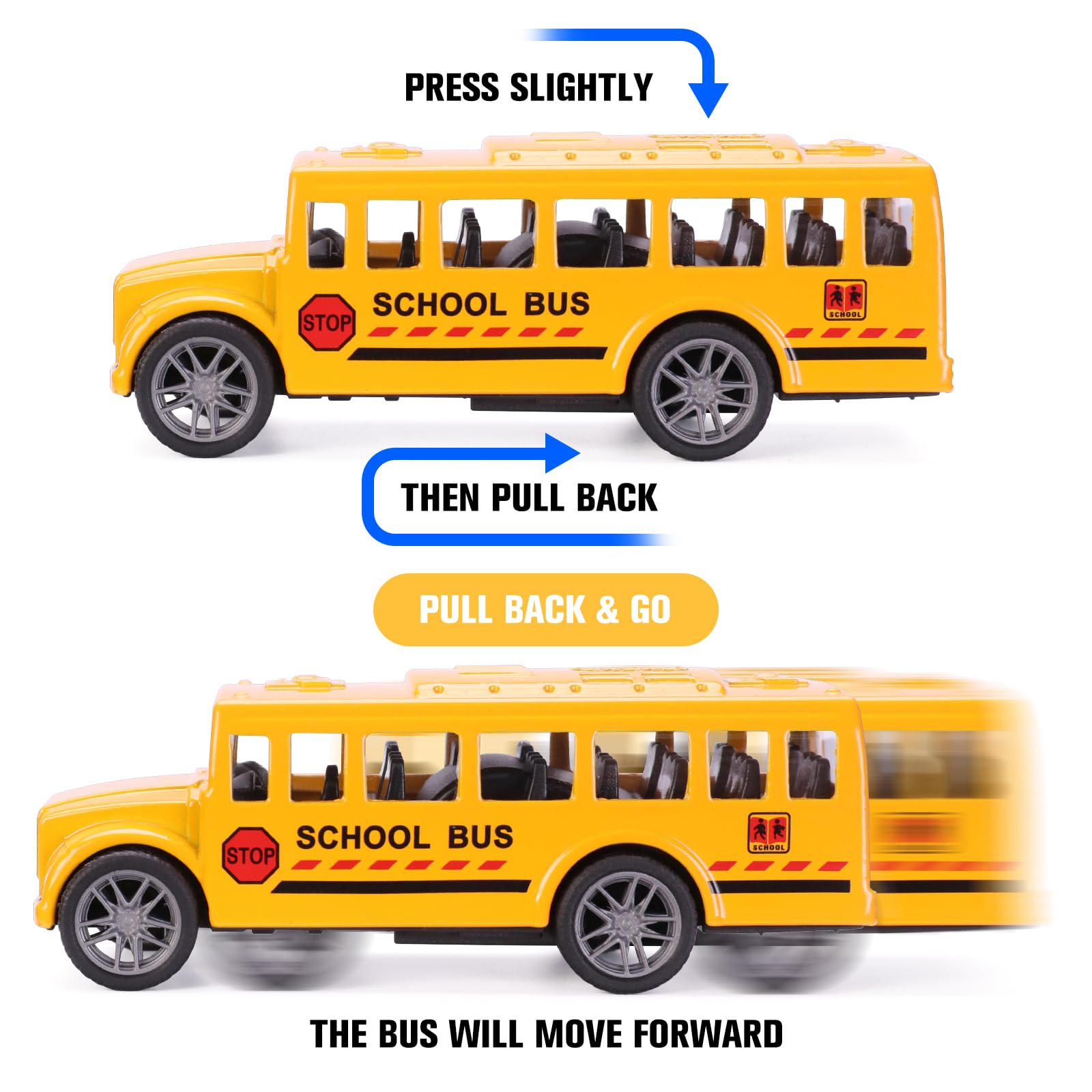 DUNRIOG side-profile yellow school bus toy showing durable alloy construction.