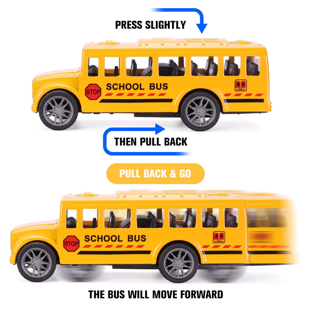 DUNRIOG side-profile yellow school bus toy showing durable alloy construction.