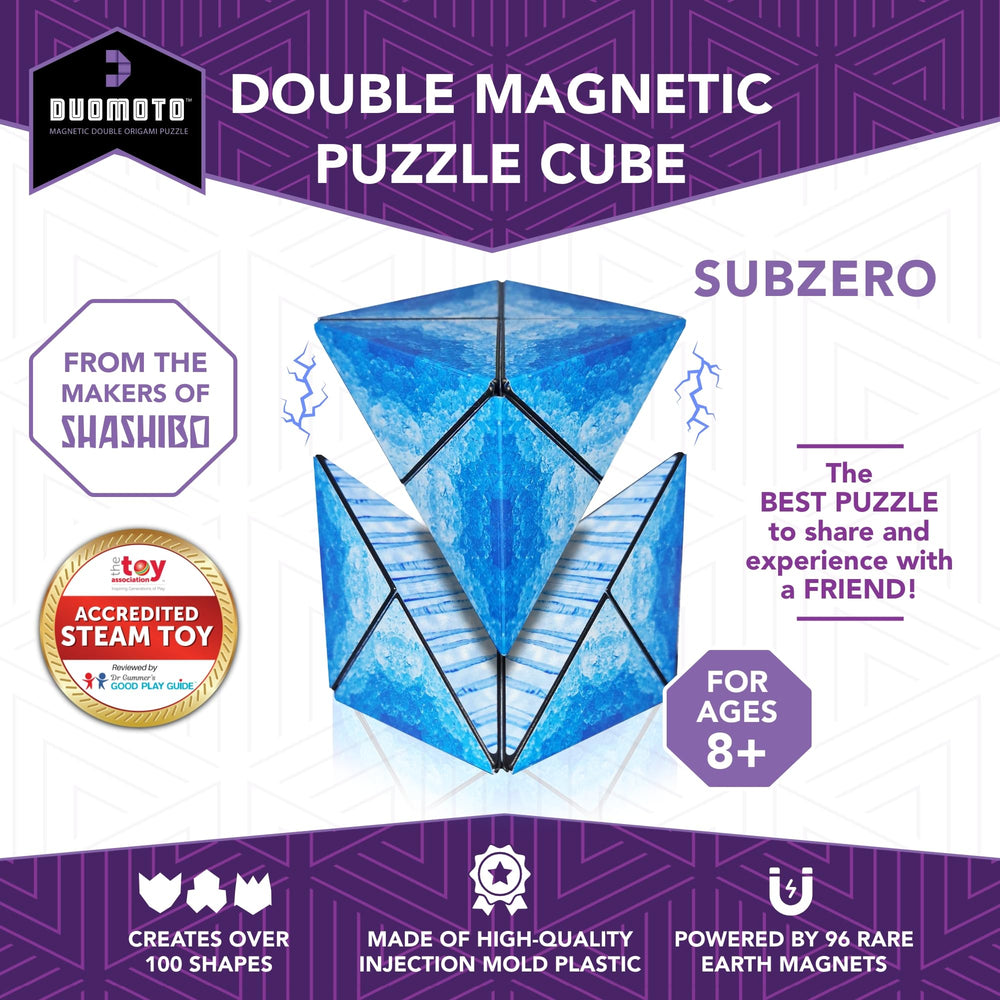 Duomoto transforming cube displaying over 100 shapes for creative exploration.