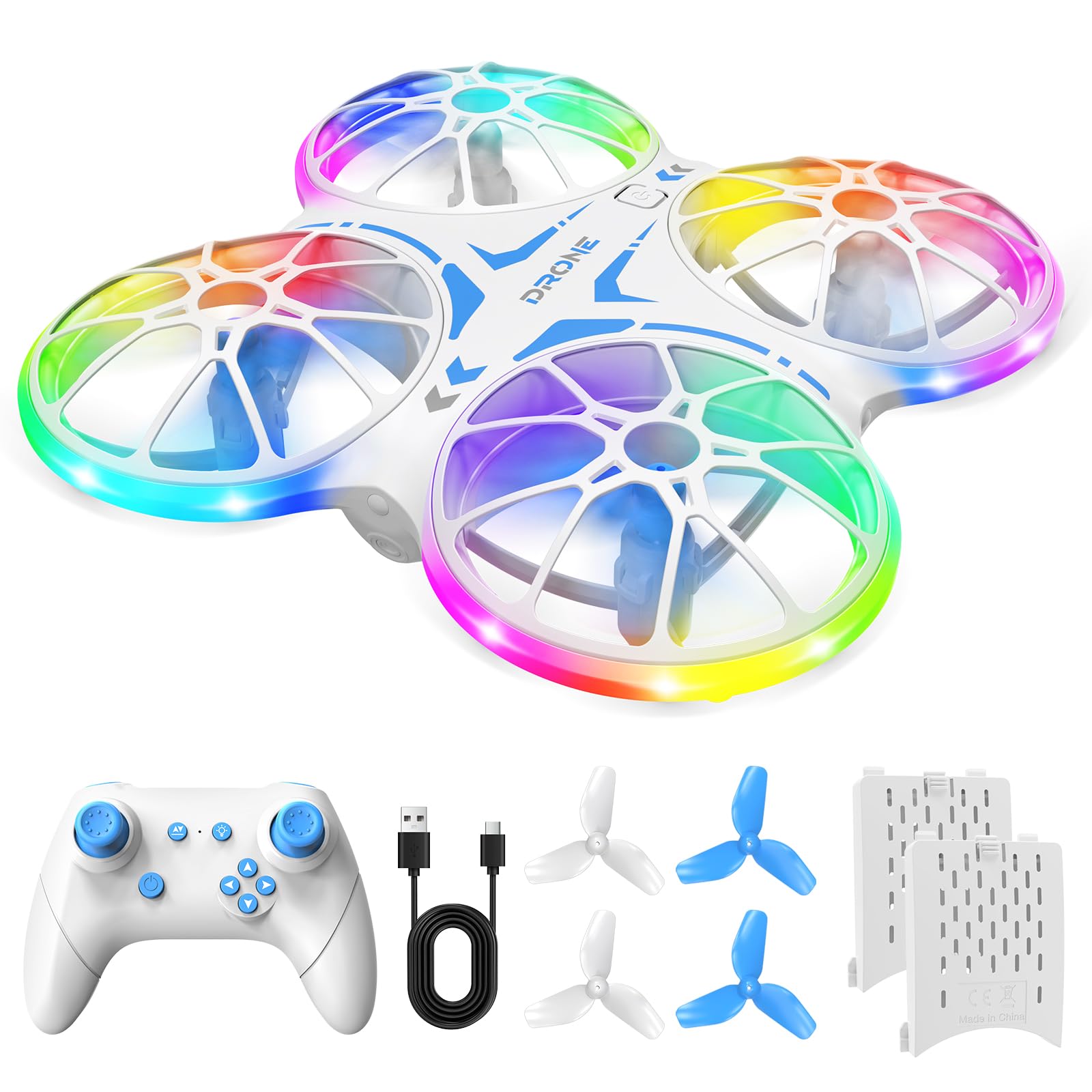DUONIZAY mini drone blue front view with LED lights for easy beginner flights.