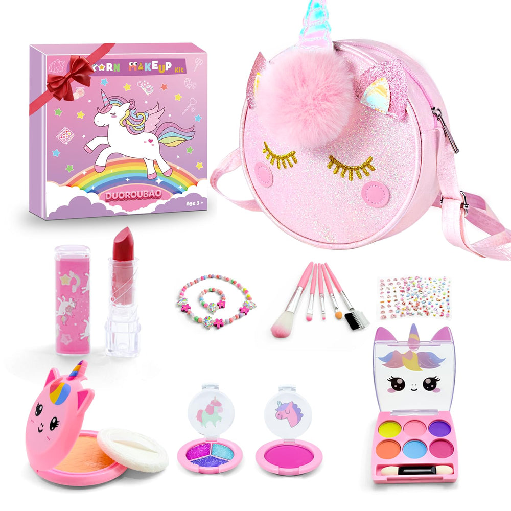 DUOROUBAO pink unicorn bag shows the kids makeup kit for portable play