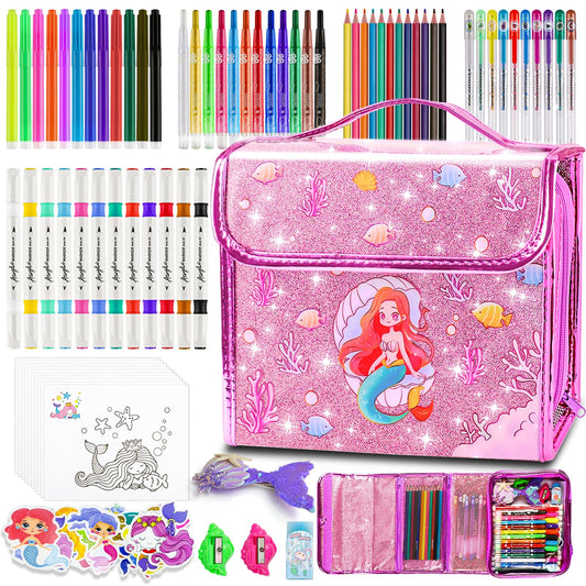 DUOROUBAO Mermaid coloring case front view with organized tools for kids art