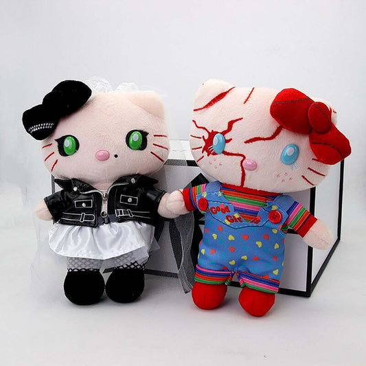 Close-up embroidery detail on Dupuci Chucky and Tiffany plush figures.