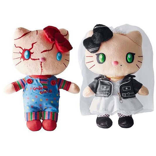 Dupuci Chucky and Tiffany plush figures on display shelf for cute decor.
