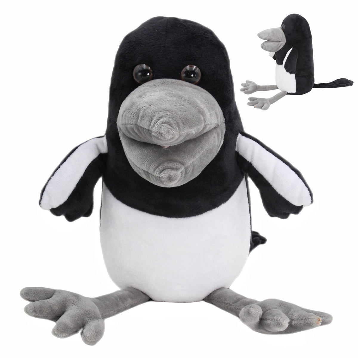 Dupuci Maggie Crow plush face showcases a friendly expression for comforting cuddles.