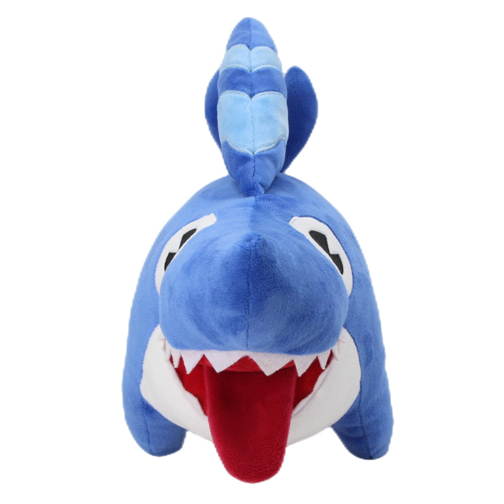 Dupuci shark dog plush face close-up, showcases soft fabric and friendly expression.