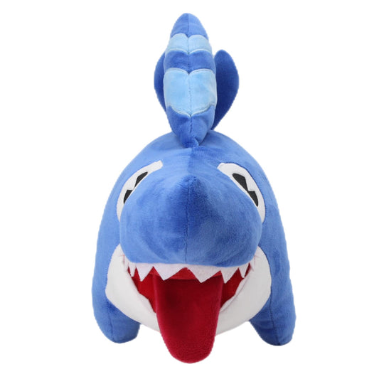 Dupuci shark dog plush face close-up, showcases soft fabric and friendly expression.