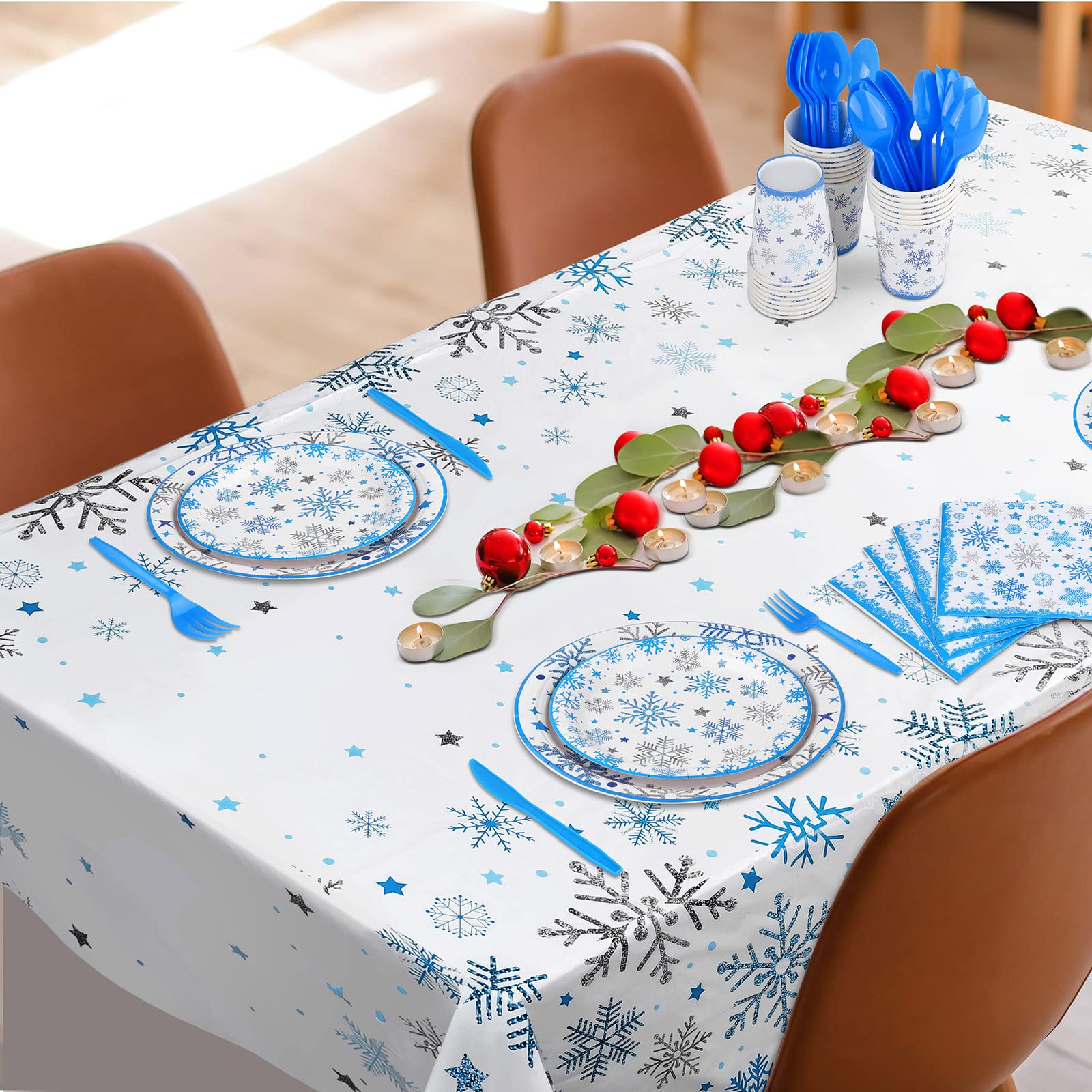 Durony snowflake tablecloth 108x54 inches protects surfaces during meals.