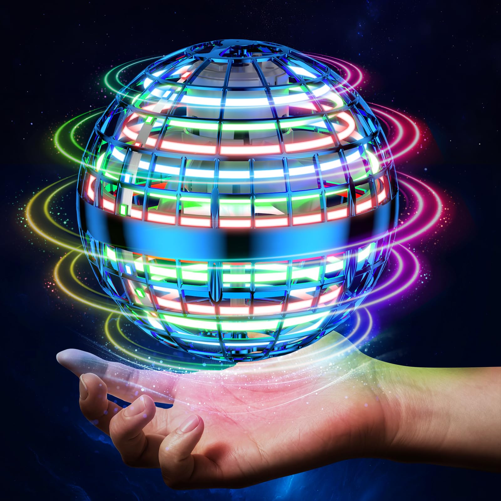 DUSFAN Flying Orb Ball hovering indoors with responsive control and glowing LEDs.
