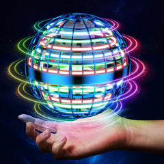DUSFAN Flying Orb Ball hovering indoors with responsive control and glowing LEDs.