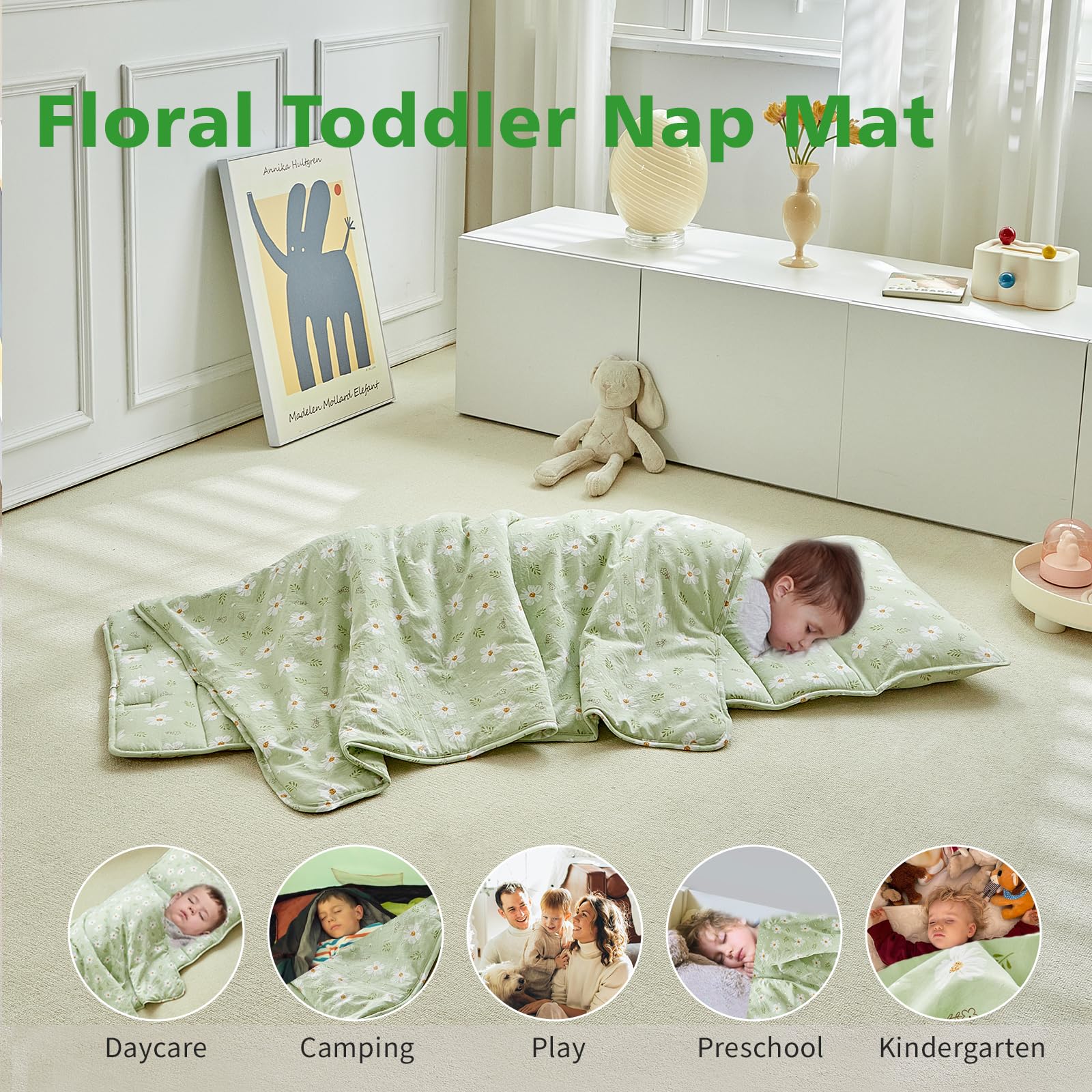 DuShow nap mat features a convenient hook-and-loop roll-up closure.