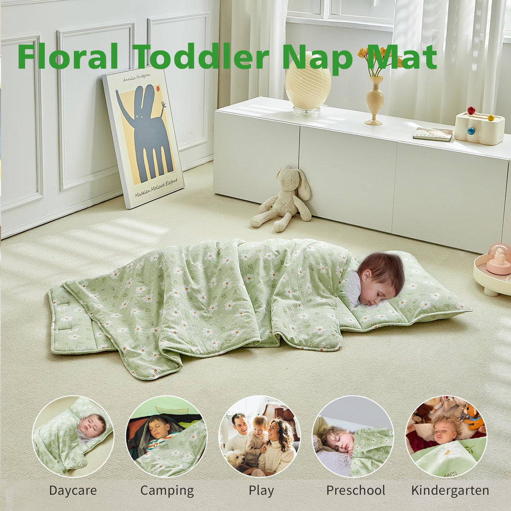 DuShow nap mat features a convenient hook-and-loop roll-up closure.