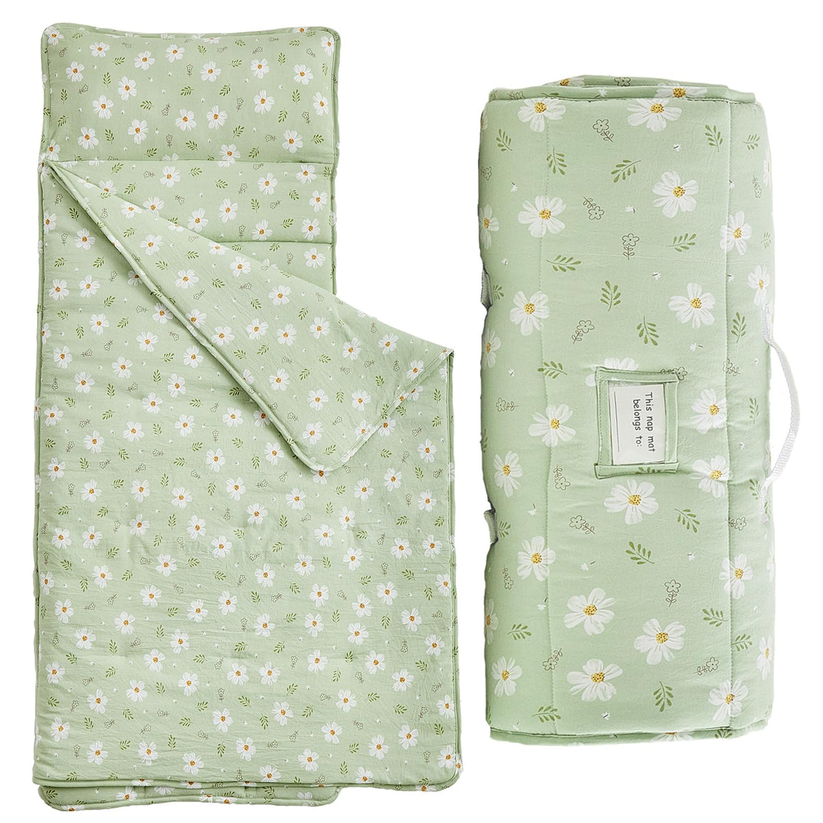 DuShow Toddler Nap Mat in green floral roll-up design for easy transport.