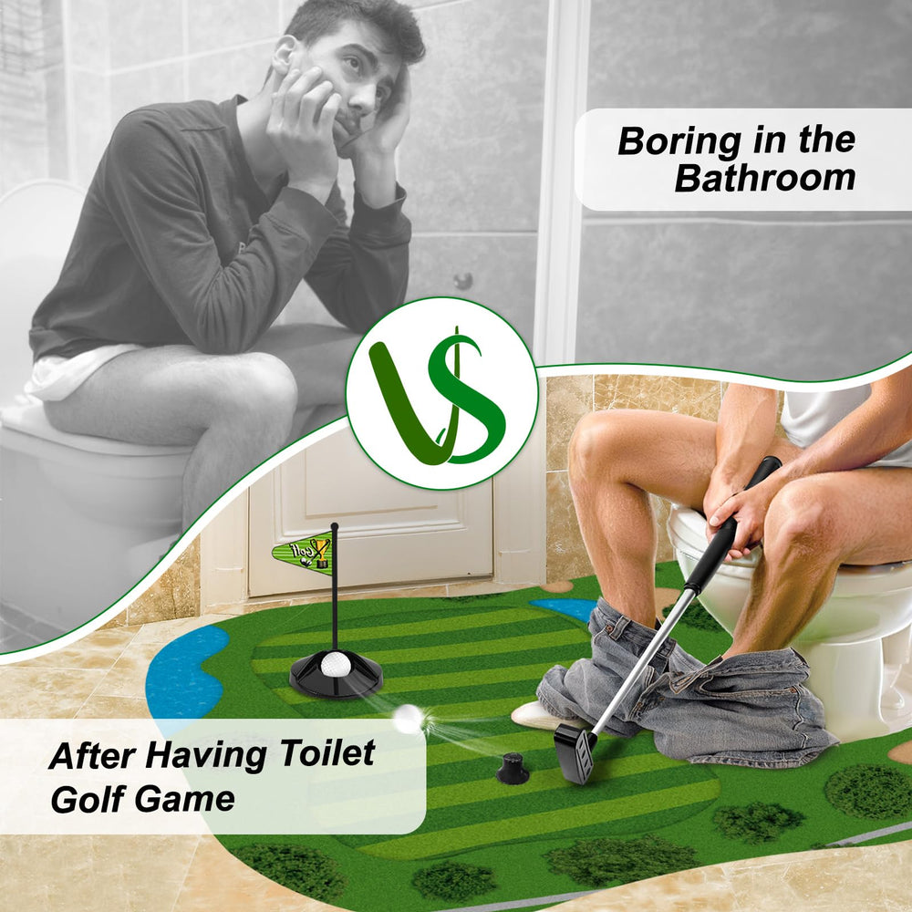 Dusor toilet golf hole with flag, creates a mini course for playful breaks.