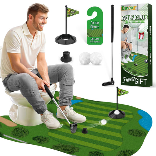 Dusor toilet golf putter on compact green, convenient golfing fun anywhere.