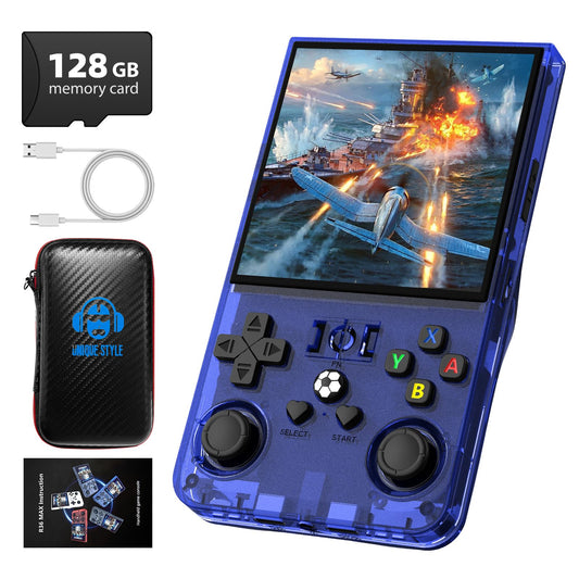 DVJQSN R36MAX front blue, compact handheld ideal for retro gaming on the go.
